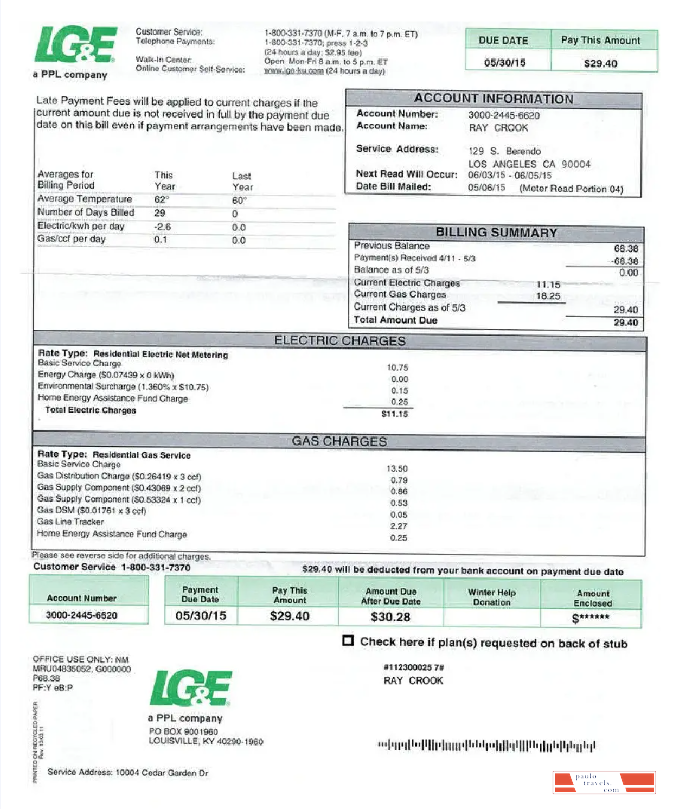 USA LG&E utility bill Word and PDF template